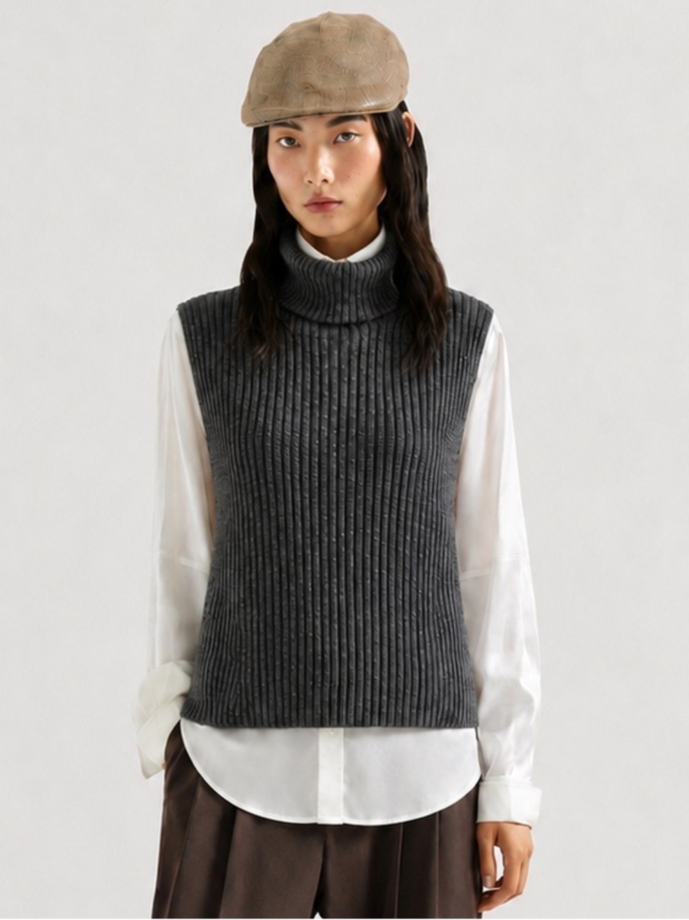 Stil Estro Italian Made Knit Turtleneck Sleeveless Sweater Vest Neutral Grey M
S